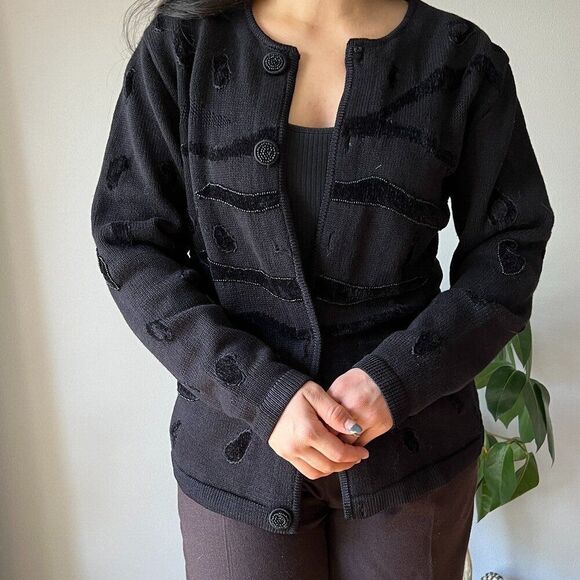 vtg black beaded long sleeve cardigan sweater designer Jack B quick Medium - Picture 2 of 8